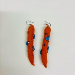 Orange Felt Earrings with Blue Beads